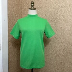 VTG 70s 80s Green Ribbed Textured Mockneck Short Sleeve Zip Blouse